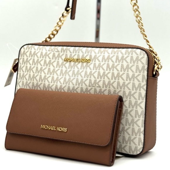 Michael Kors Large EW Crossbody Bag & Large Trifold Wallet Vanilla/Brown Set - Picture 1 of 11